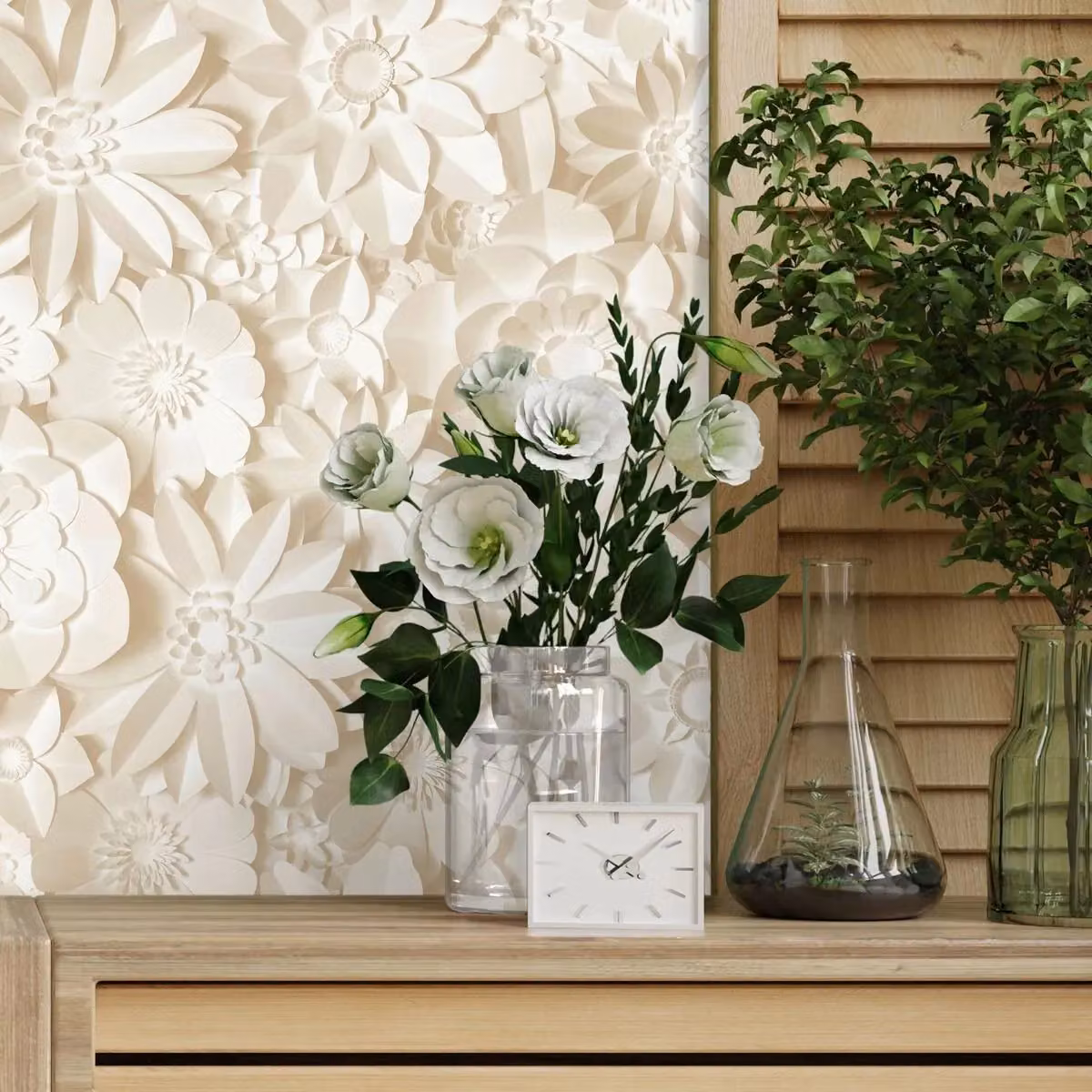 Fine Décor 3D Floral Botanical Wallpaper in Beige and White – 2