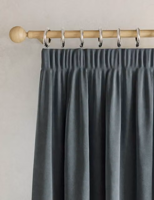 M&S Slate Blue Velvet Thermal Insulating Pencil Pleat Curtains H: 137 cm, W: 168 cm