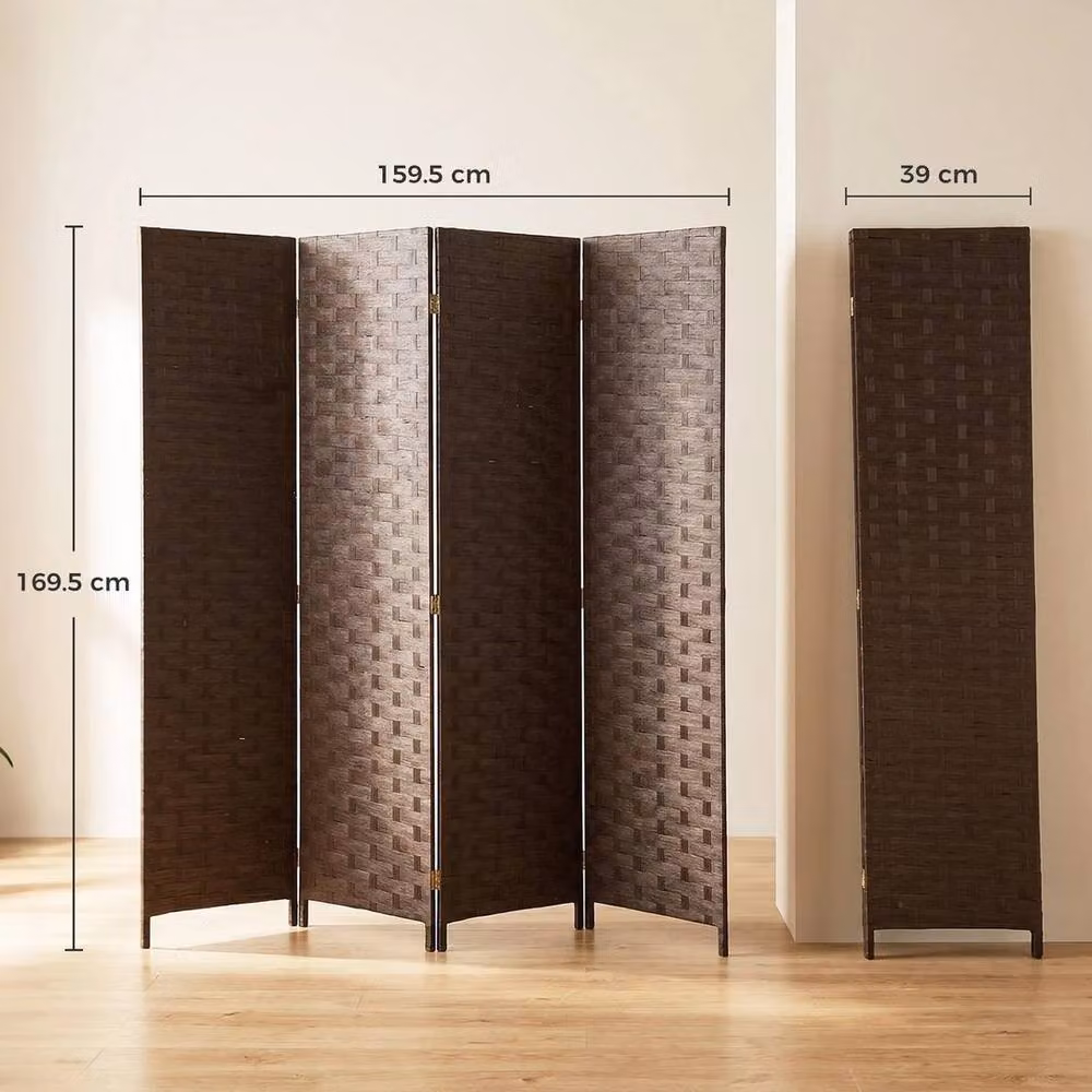 EONLION 4 Panel Folding Room Divider Privacy Screen in Dark Brown with Rattan and Wood Geometric Design, W/D/H: 200 x 50 x 50 cm – 2