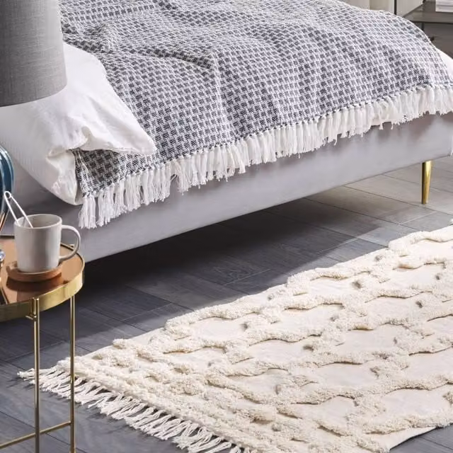 Wyld and Coco Beige Cotton Moroccan Woven Area Rug with Fringes W: 80 cm, L: 150 cm – 1