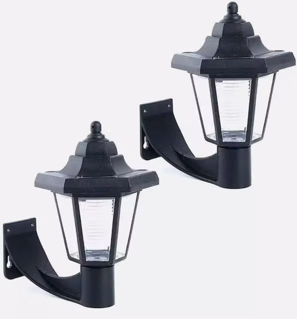Garden Mile Set of 2 Classic Solar LED Wall Lanterns in Black Metal and Glass