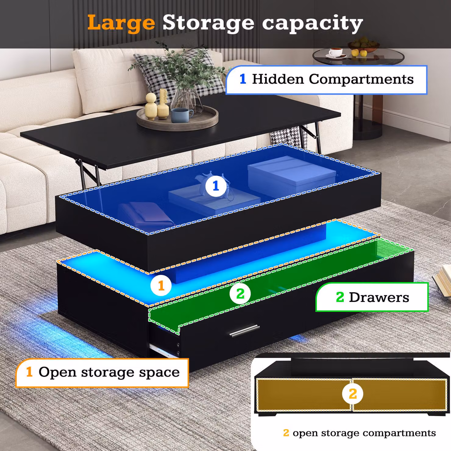 Aosom.UK Black Hydraulic Lift Top Coffee Table with LED Lighting and 2 Drawers, W: 100 cm, D: 50 cm, H: 44 cm – 6