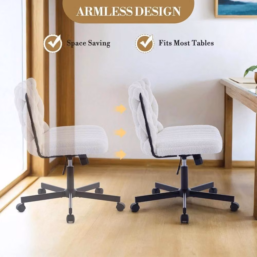 VOGREX Modern Armless Swivel Desk Chair with Castors in White Bouclé Fabric – 3