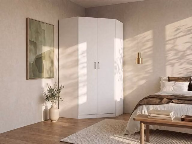 BELOMY Modern 2-Door Corner Wardrobe in White, W/D/H: 117.5 x 117.5 x 197.5 cm