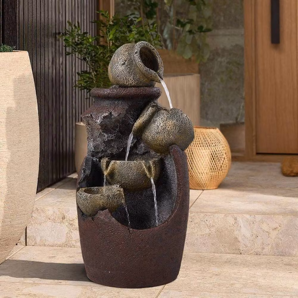 Kelvenix Cascade Bowls Electric Large Freestanding Floor Statue Fountain in Brown with LED Light – 4