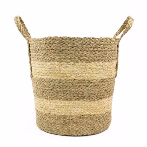 JVL Palma Natural Round Storage Basket in Sand, Woven Natural Fibre Organizer