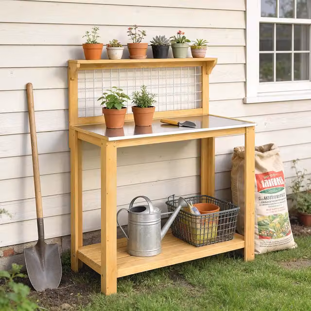 Outsunny Yellow Wooden Potting Bench Table with Aluminium Worktop