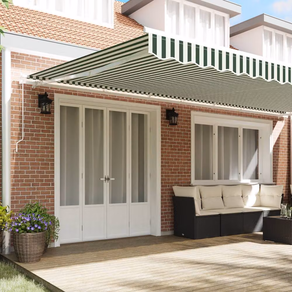 Berkfield Home Manual Retractable Folding Arm Awning in Green and White Striped Fabric, W/D/H: 600 x 300 cm – 3