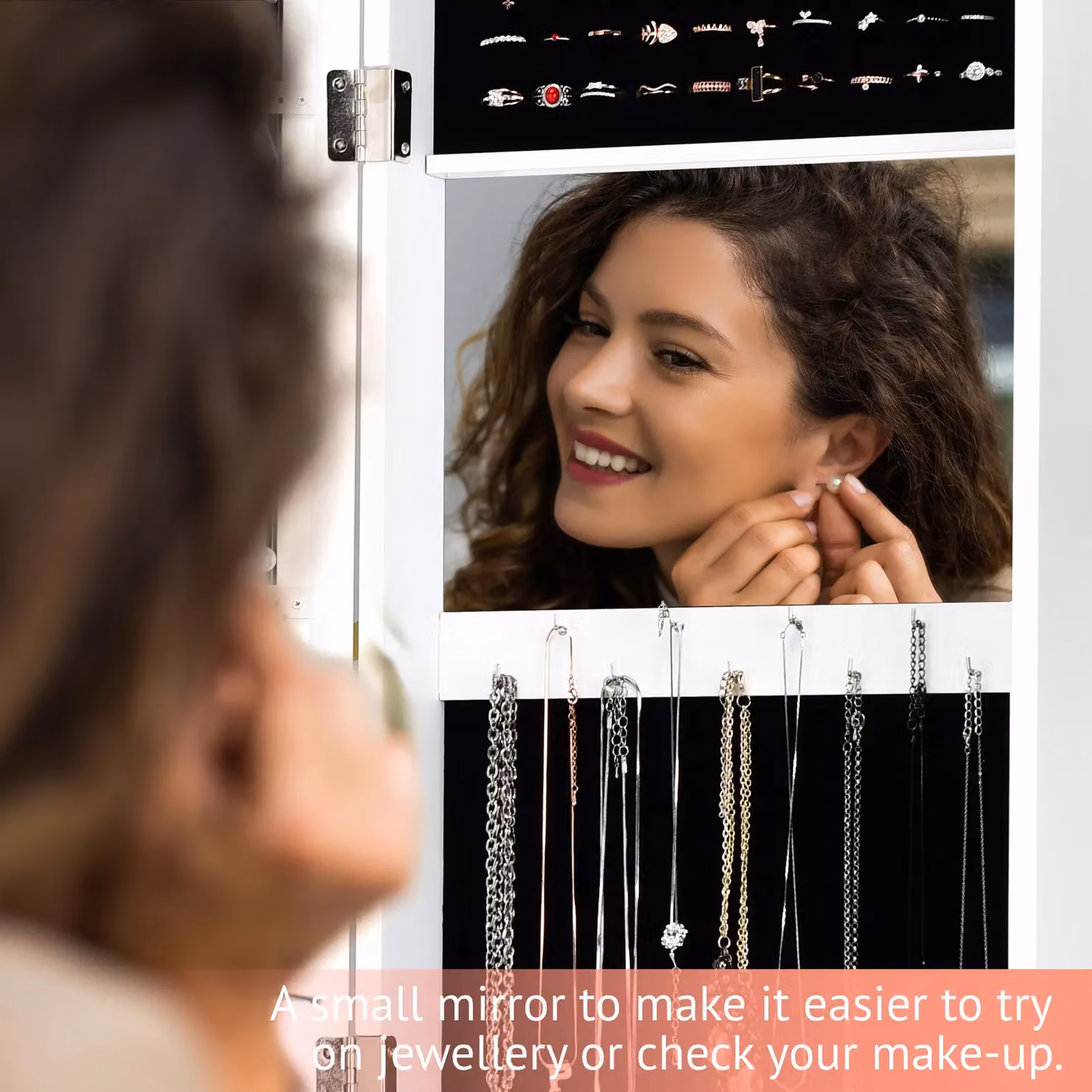 Costway White Mirrored Jewelry Cabinet with Full-Length Mirror, Wall Mounted Armoire with Internal Shelves – 5