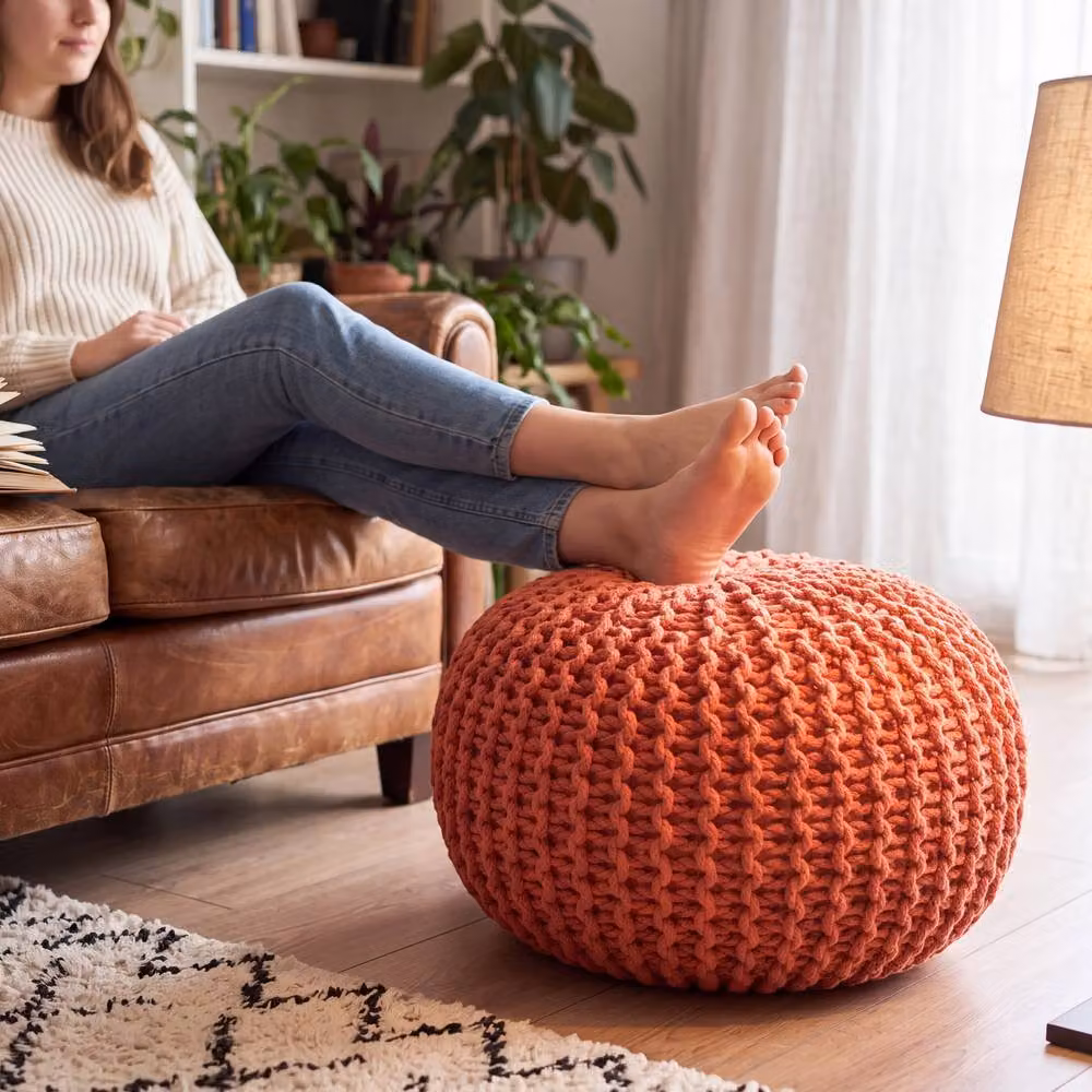 Bravich LTD Chunky Knitted Cotton Pouffe Footstool in Orange, Diameter: 50 cm – 4