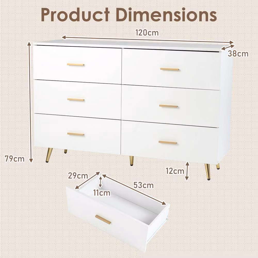 Costway Modern 6 Drawer Wooden Wide Chest of Drawers in White and Gold – 2