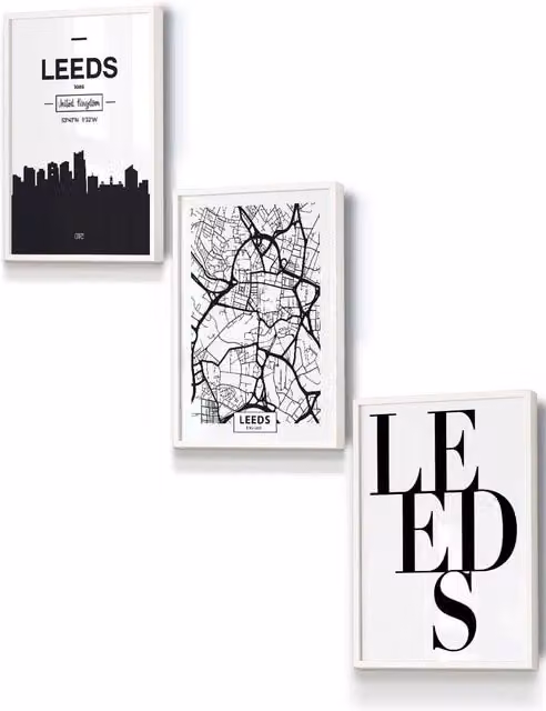 ARTZE Leeds Skyline Street Map City Print Framed Wall Art in White, W: 33 cm, H: 45 cm, D: 0.2 cm