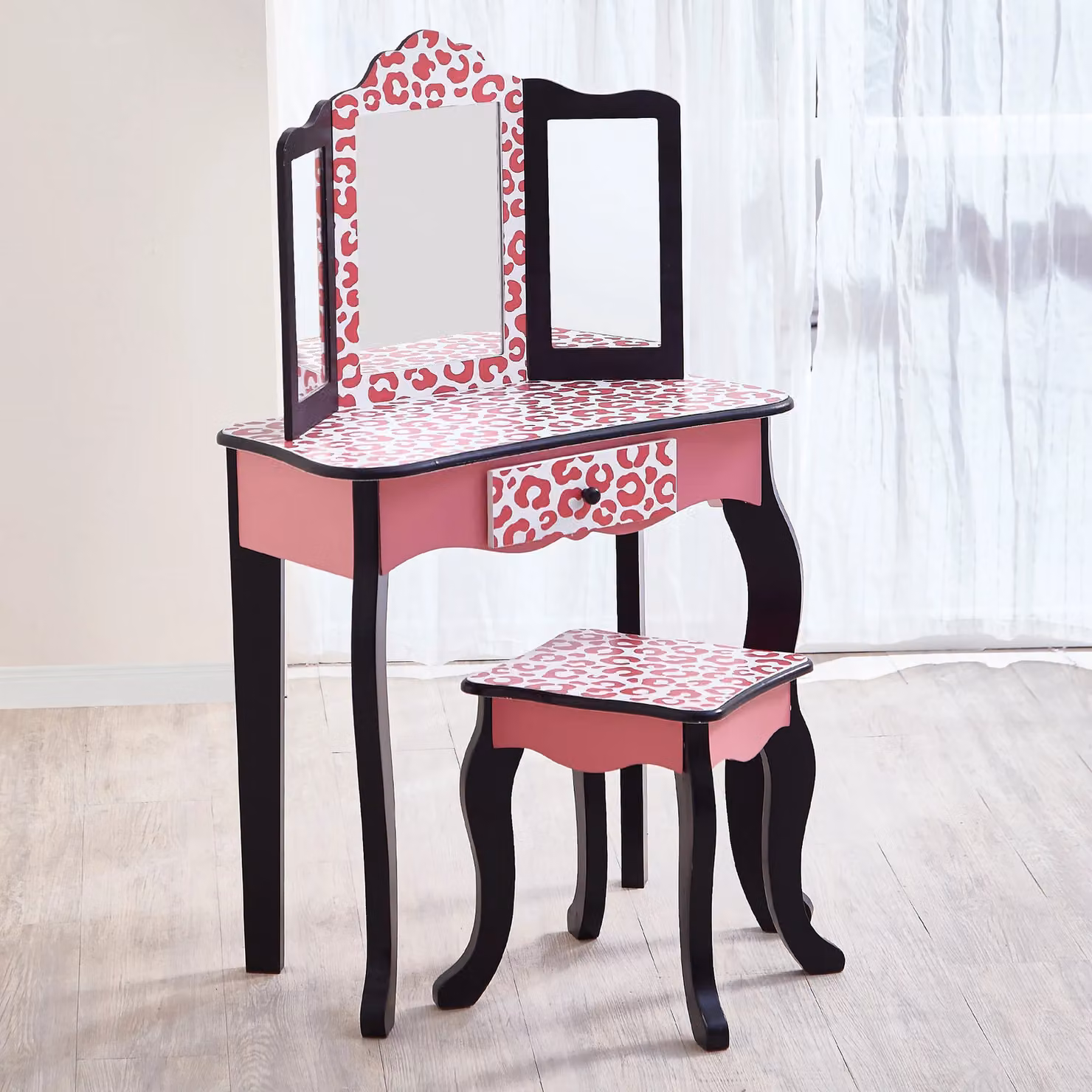 Teamson Kids Leopard Print Wooden 2-Piece Play Vanity Set with Tri-Fold Mirror, Storage Drawer and Matching Stool, Black and Pink – 3