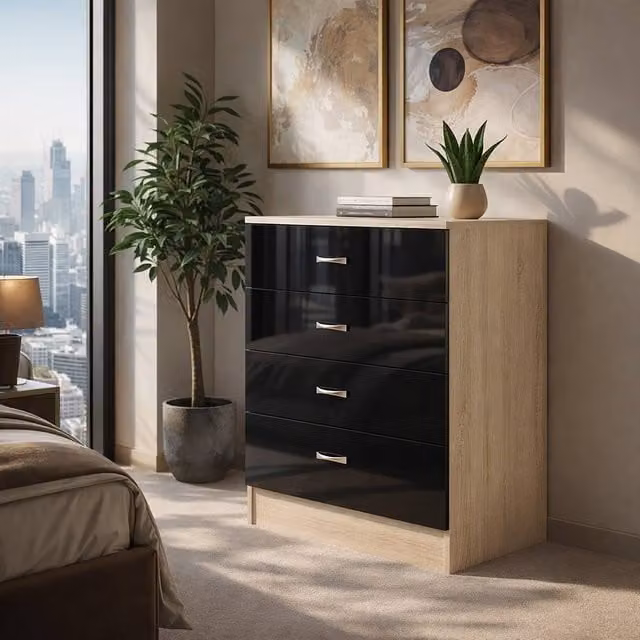 Harmin 4 Drawer Chest in High Gloss Black and Sonoma Oak, H 68.5 cm x W 60 cm x D 40 cm