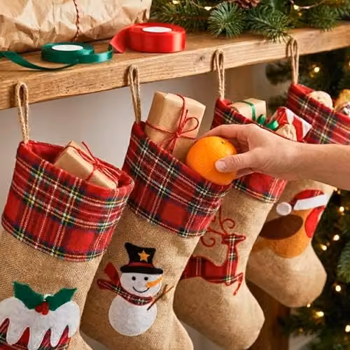 Shatchi Pack of 4 Rustic Burlap Christmas Stockings in Brown and Multicolour, 45 cm Hanging Sack Socks with Animal Designs – 8