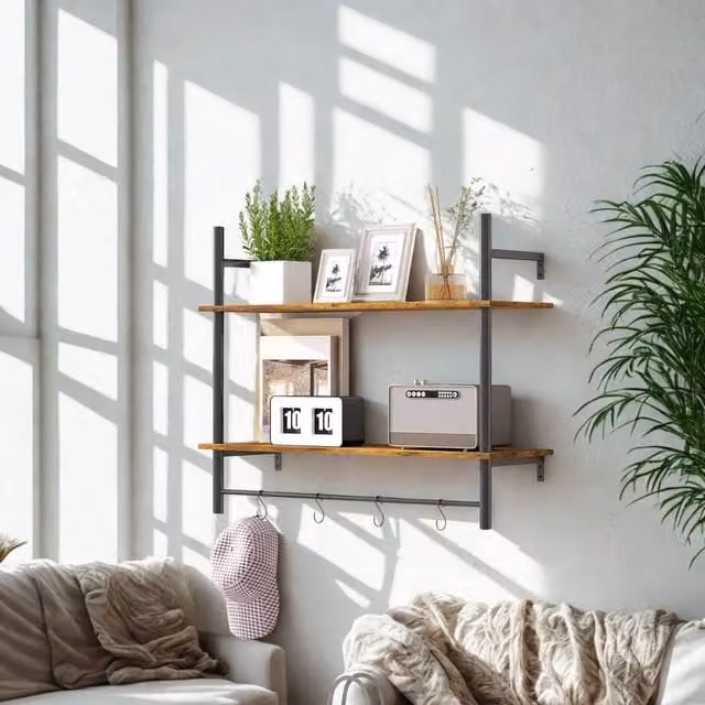 FURNOS 2 Tier Wall Mounted Floating Shelf with Hanging Rail and Hooks, Brown, W: 65 cm, H: 24 cm, D: 8 cm – 1