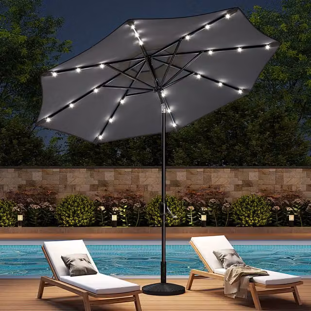 Livingandhome Modern Grey LED Lighted Cantilever Parasol with Freestanding Base