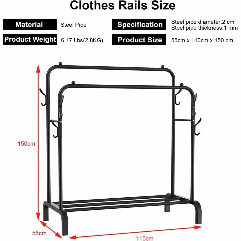 SPETLEK Heavy Duty Metal Double Clothes Rail in Matt Black – 4