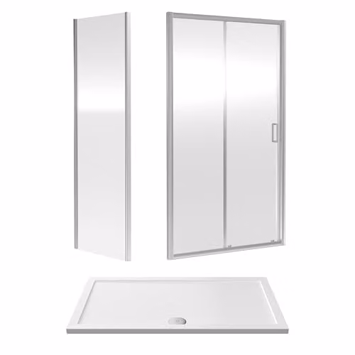 Balterley Sliding Shower Door with Side Panel and Square Shower Tray, 6mm Toughened Safety Glass, Chrome and White – 1