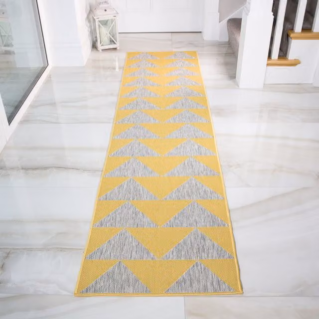 The Rug House Geometric Flatweave Indoor Outdoor Rug in Yellow, W: 240 cm, D: 60 cm