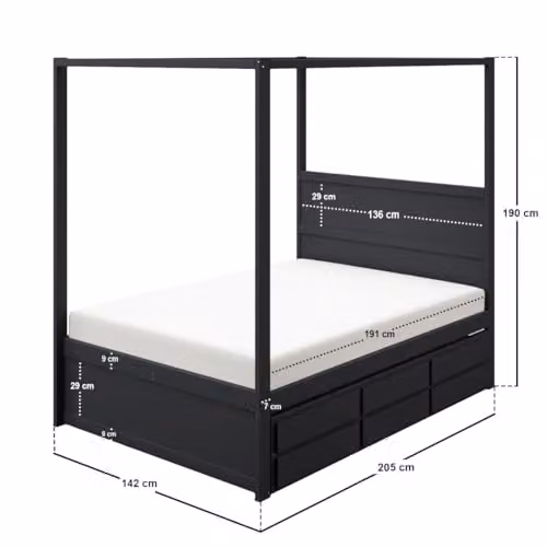 Flair Furnishings Maddy 4 Poster Canopy Double Bed with Trundle and Storage Drawers in Black, W/D/H: 142 x 205 x 190 cm – 2