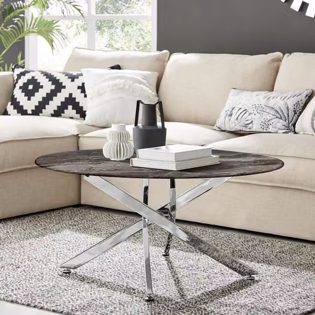 FurnitureboxUK Novara Round Coffee Table with Grey Marble Effect Glass Top and Silver Metal Legs