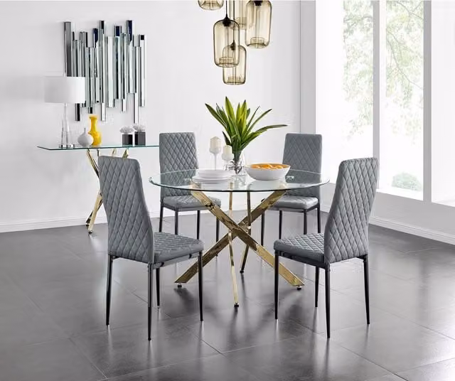FurnitureboxUK Novara Gold Round Glass Dining Table and Four Milan Black Leg Faux Leather Chairs in Grey, Diameter: 120 cm