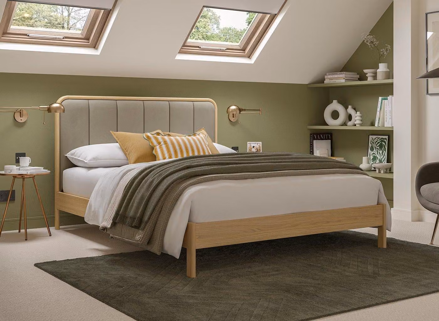 Dreams Soren Modern Wooden Bed Frame in Beige Velvet and Oak