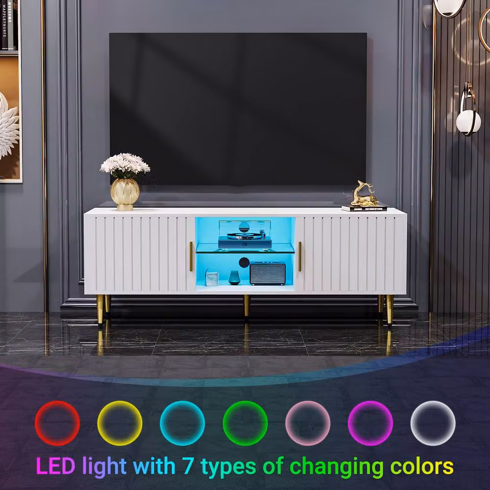 Dprodo Modern White TV Stand Cabinet with Ambient Light, W/D/H: 140 x 40 x 48 cm – 4
