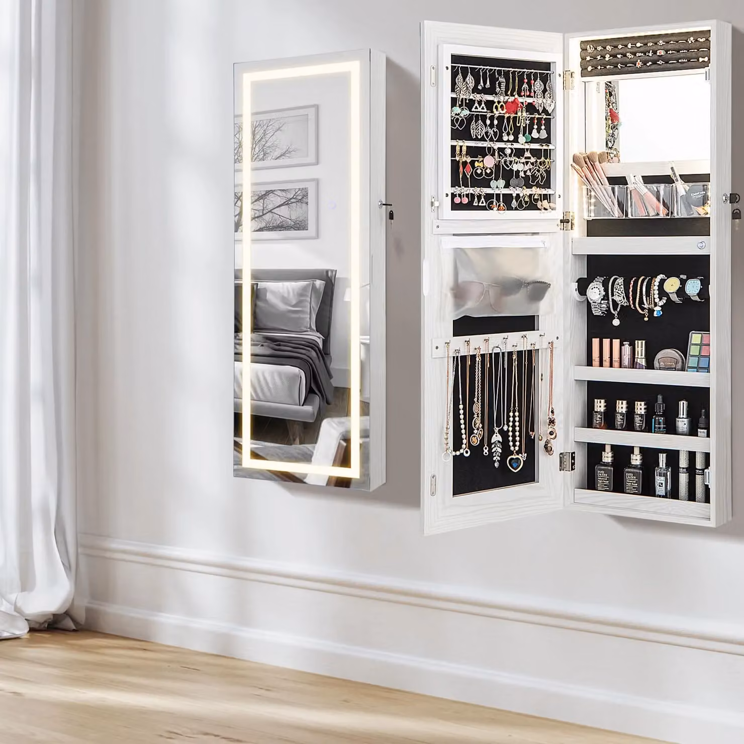 Costway Lockable Jewelry Mirror Cabinet with 3-Colour LED Lighting, White – 4