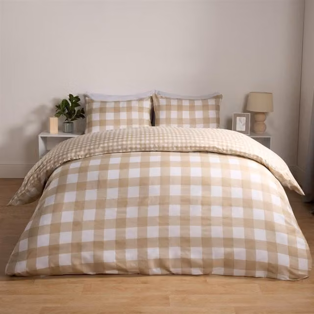 OHS Checked Gingham Duvet Cover and Pillowcase Set in Beige and Yellow, 180 x 200 cm