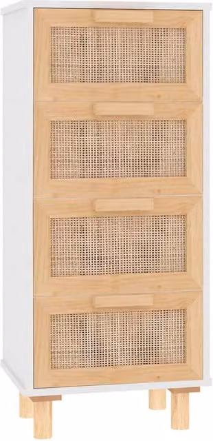 Berkfield Home White Sideboard in Solid Pine and Natural Rattan, W/D/H: 40 x 30 x 90 cm