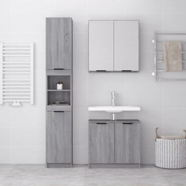 Berkfield Home 3 Piece Grey Modern Bathroom Cabinet Set with Mirror, Tall and Side Cabinets