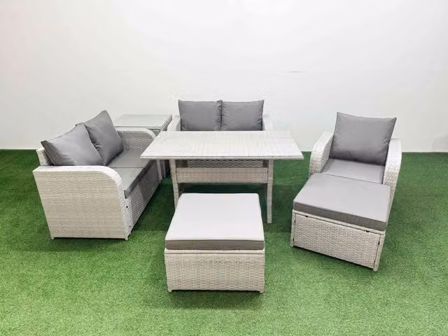Fimous Grey Poly Rattan Garden Furniture Set with Reclining Chair, Loveseat Sofa, Rectangular Dining Table and 2 Stools