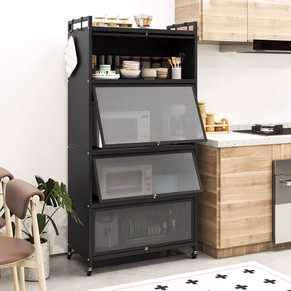 EONLION 5-Tier Modern Black Metal Kitchen Storage Cabinet with Wheels and Glass Doors – 4