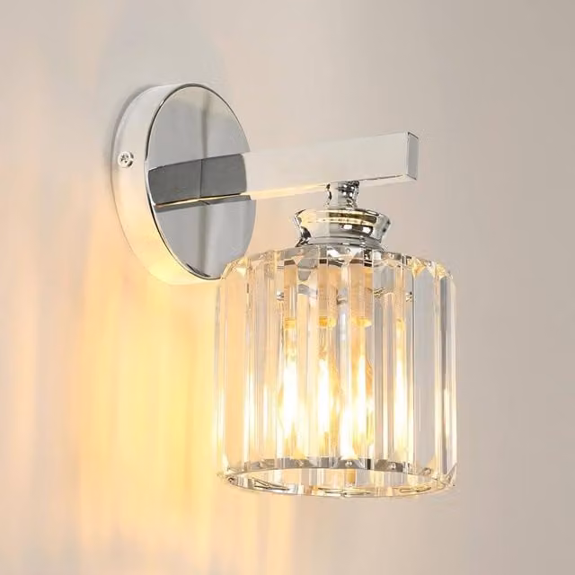 COMELY Modern Round Crystal Wall Light in Silver with Transparent Accents, E27 Socket