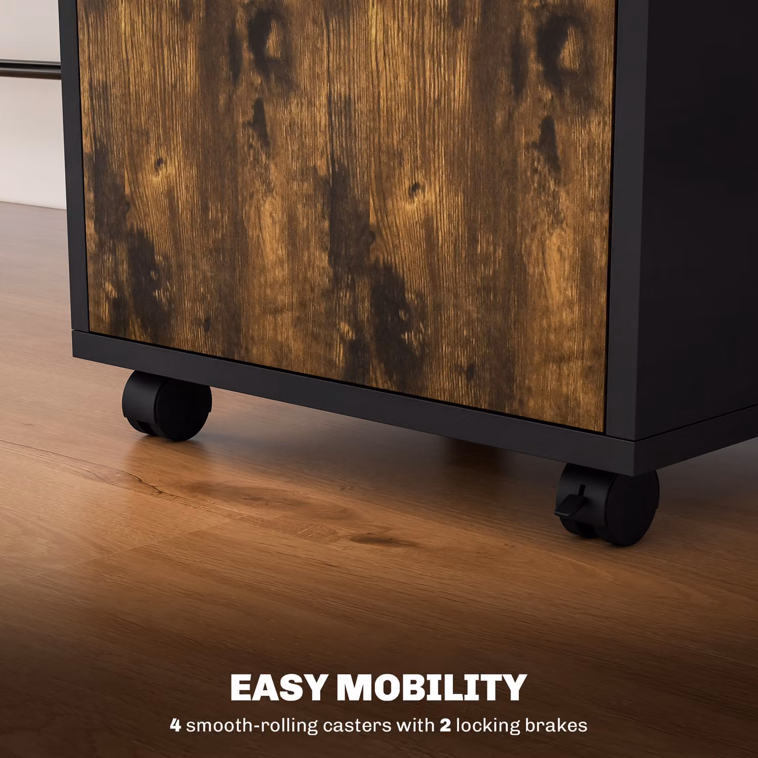 HOMCOM Mobile Storage Cabinet in Rustic Brown with Drawer, Open Shelf, Metal Handles and 4 Wheels – 6