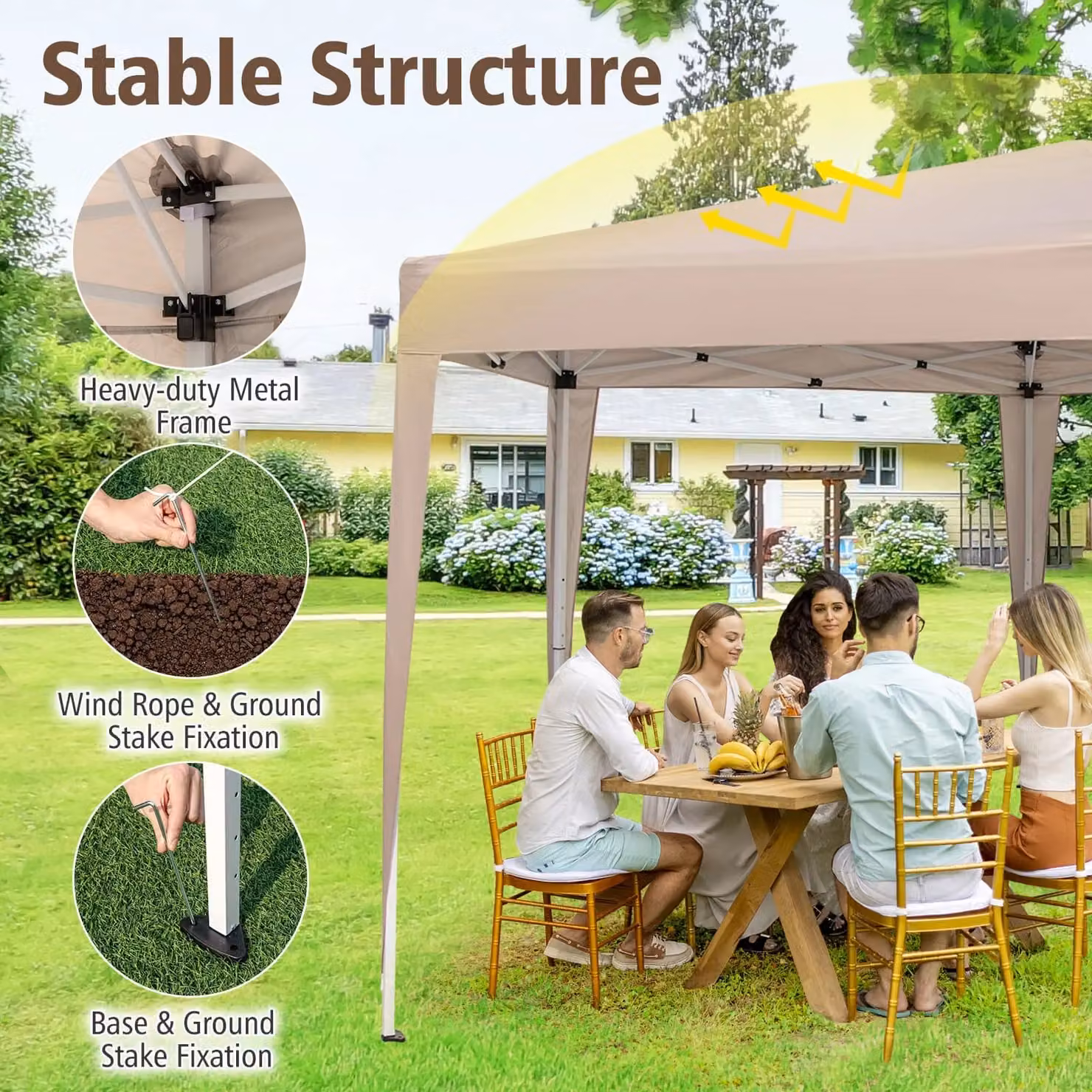 Gymax Hexagonal Pop-Up Canopy Tent with Dressed Legs in Beige, W: 400 cm, D: 348 cm – 4