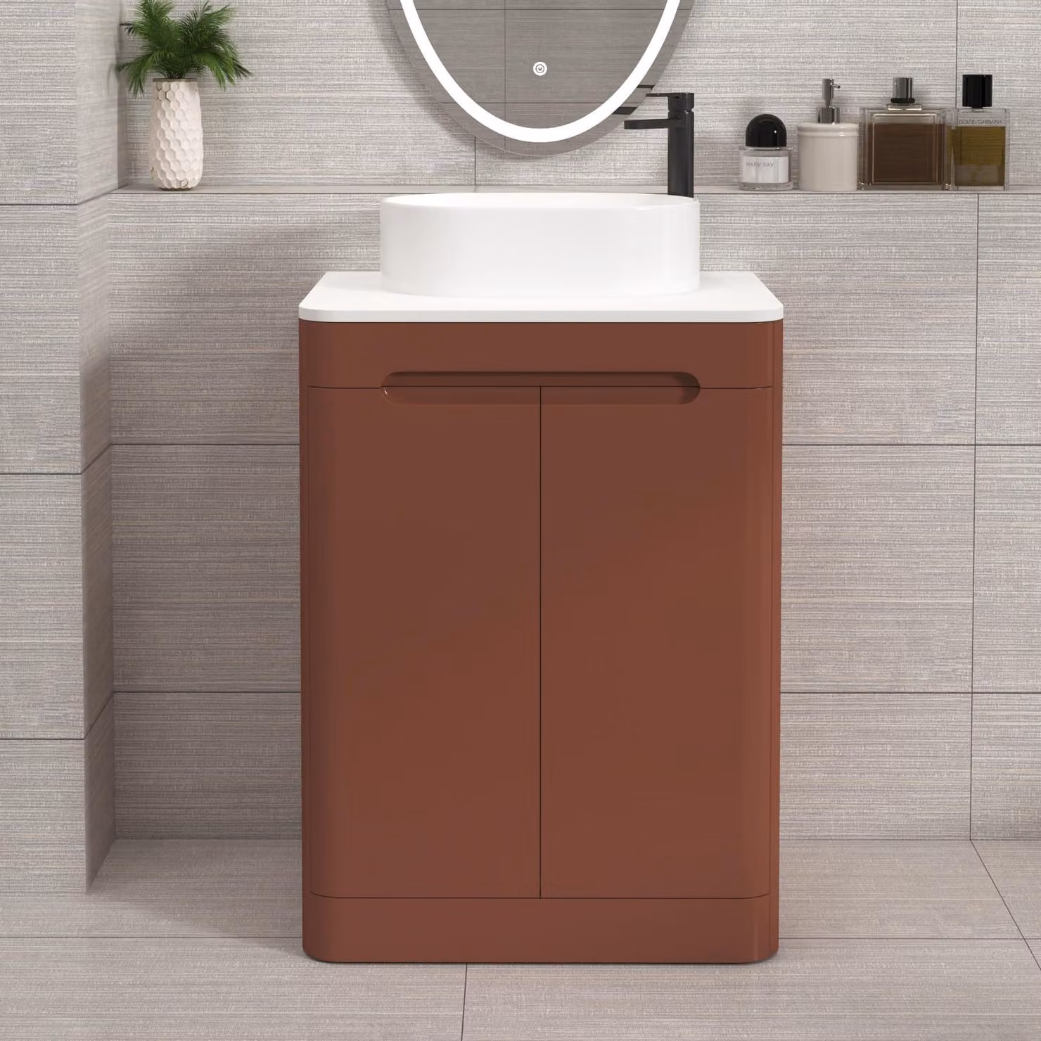 Royal Bathrooms Venice 600mm Terracotta Clay Floor Standing 2 Door Vanity Unit with Plain White Worktop and Peak Basin