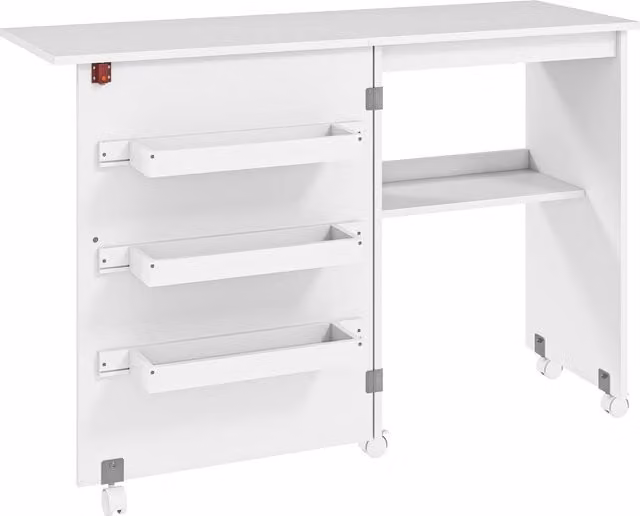 HOMCOM White Folding Sewing Table with Drop Leaf, Storage Bins, Open Shelf and Castors – 1