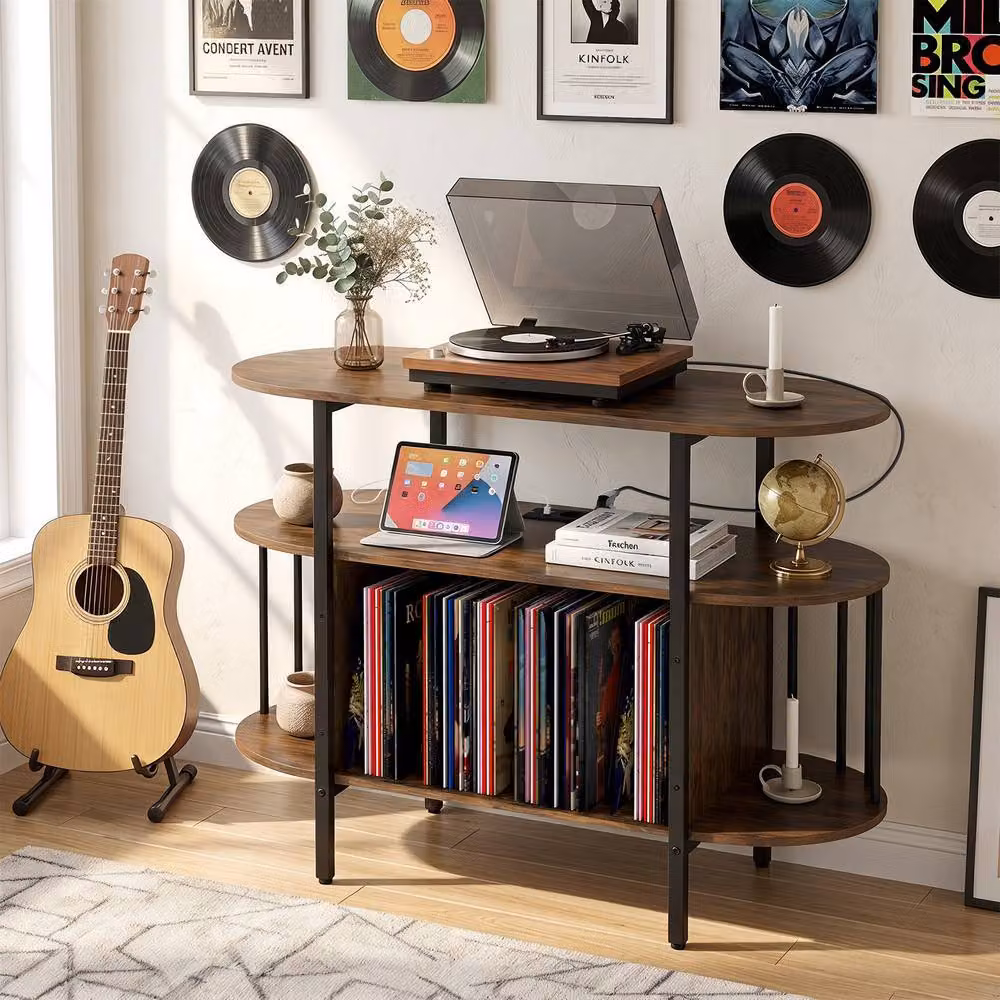 Gymax Large Record Player Stand with LED Lights in Brown – 3