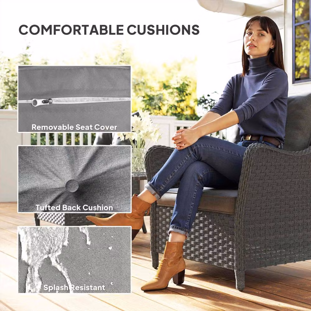 STILVORA Set of 2 Modern Garden Armchairs with Grey Cushions in Metal and Rattan – 5
