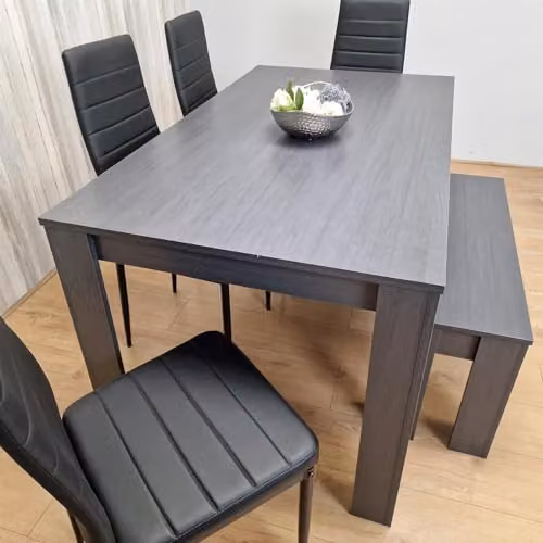 KOSY KOALA Modern Dining Set with Grey Wood Effect Table, 4 Black Chairs and Bench, W/D/H: 140 x 80 x 75 cm – 2