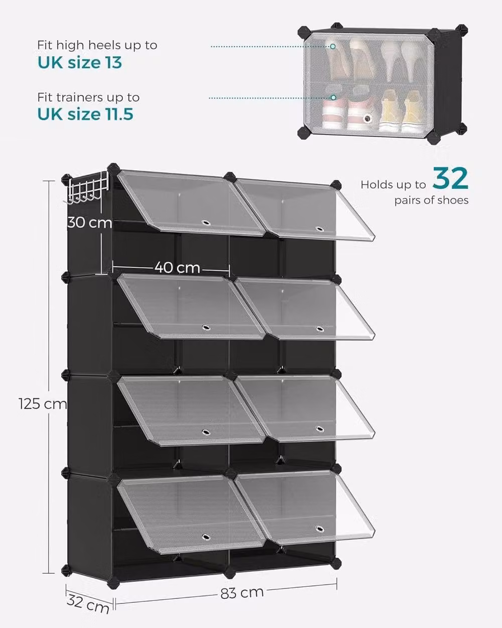 SONGMICS Modular 8-Slot Shoe Storage Cabinet with Glass Doors, Black – 2
