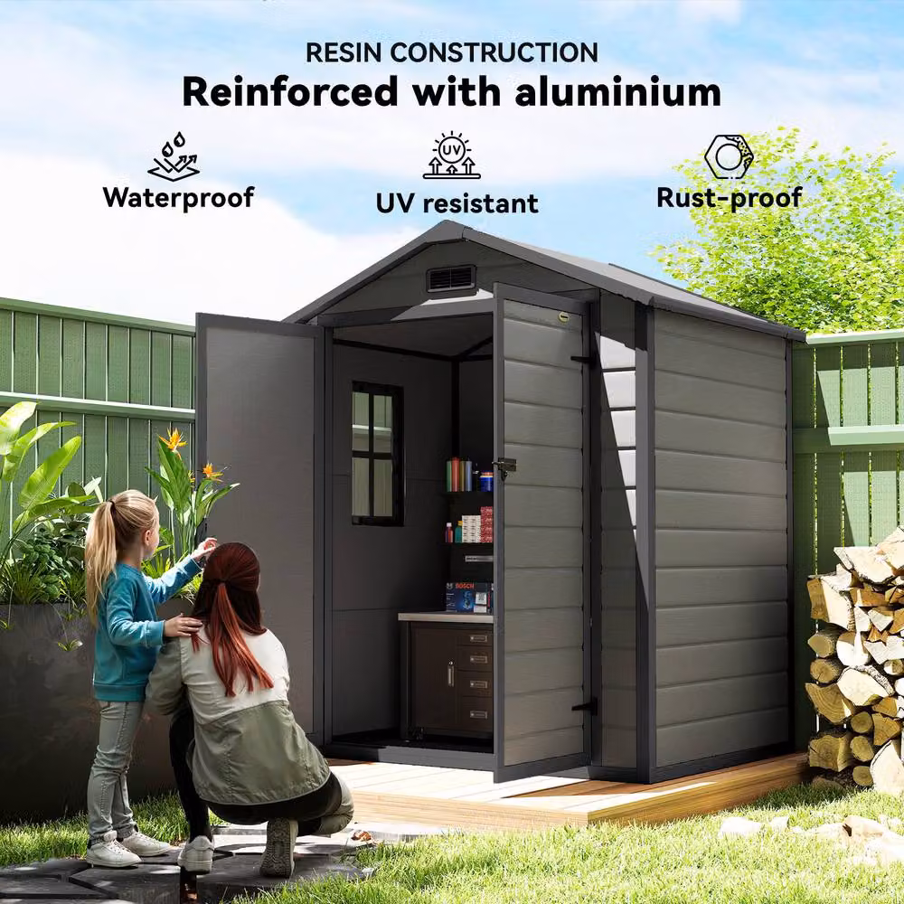 OUTSUNNY Plastic Garden Shed with Lockable Double Doors, Dark Grey, W: 182.88 cm, D: 134.0 cm, H: 210.0 cm – 4