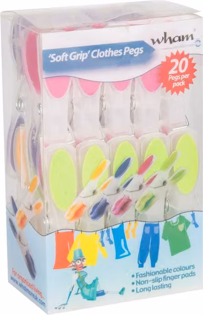 Wham Pack of 20 Multicolour Soft Rubber Grip Pegs