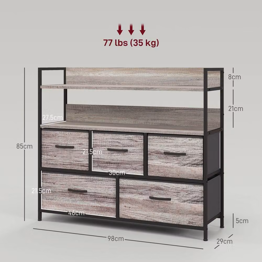 ERGOVEXA Rustic Chest of Five Fabric Drawers in Grey Wood Effect – 2