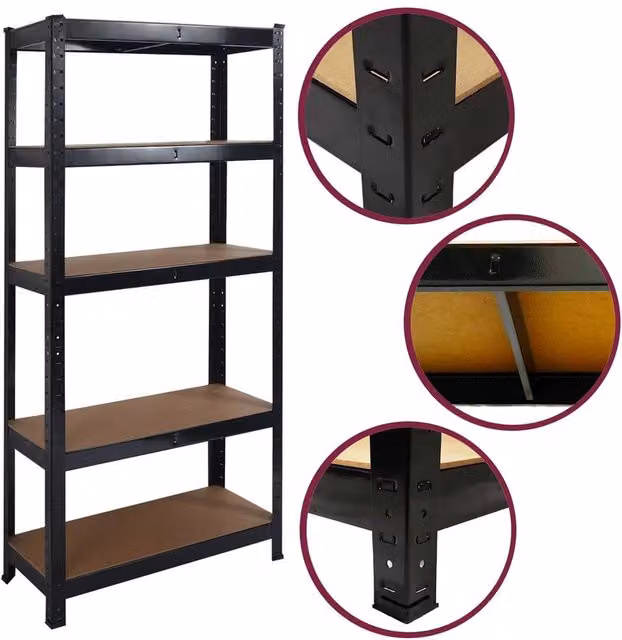 FLAVORA Heavy Duty 5 Tier Garage Shelving Unit in Black with Adjustable Metal and MDF Shelves, W/D/H: 50 x 50 x 150 cm