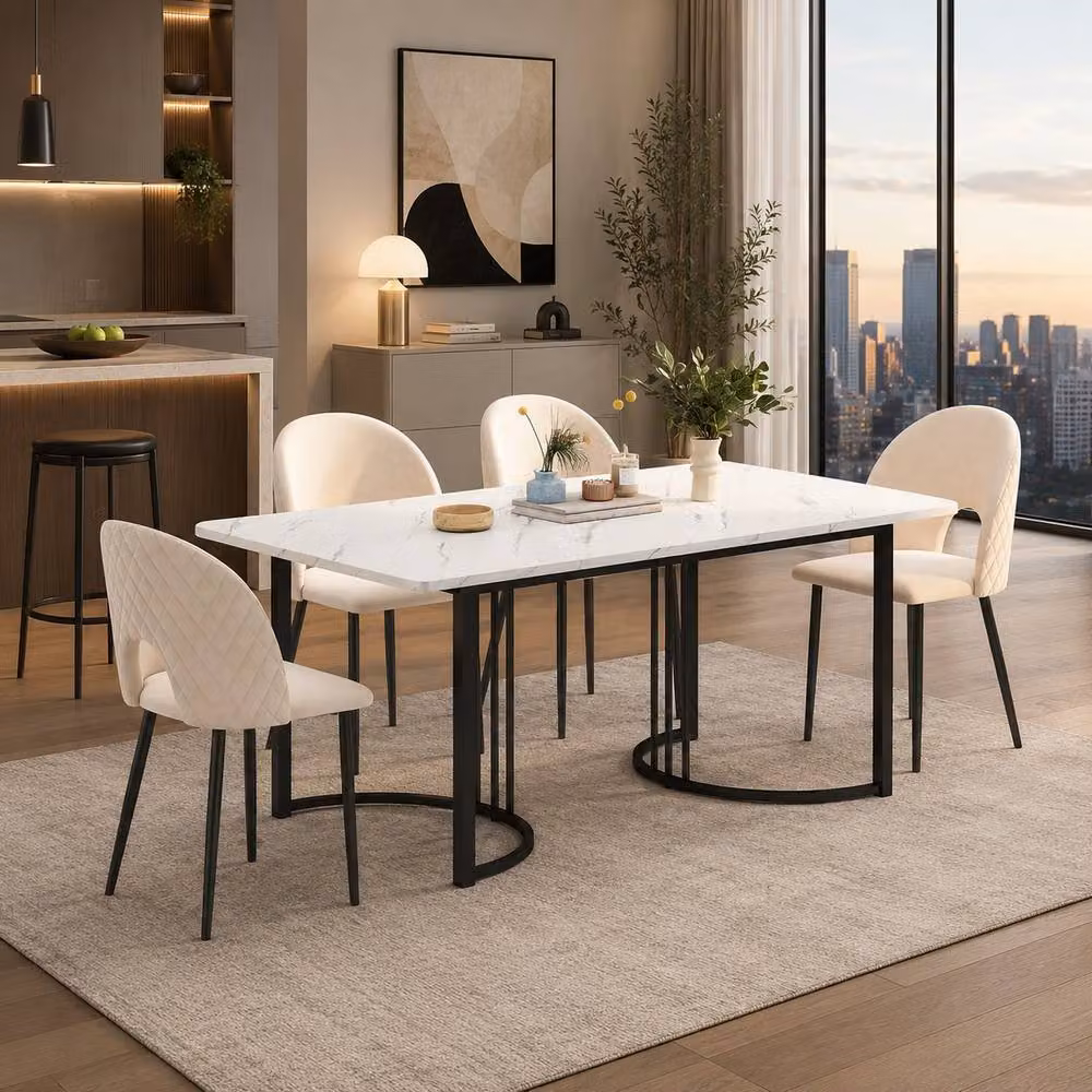 Merax Modern Rectangular Dining Table with White Marble Effect MDF Top and Metal Frame – 2