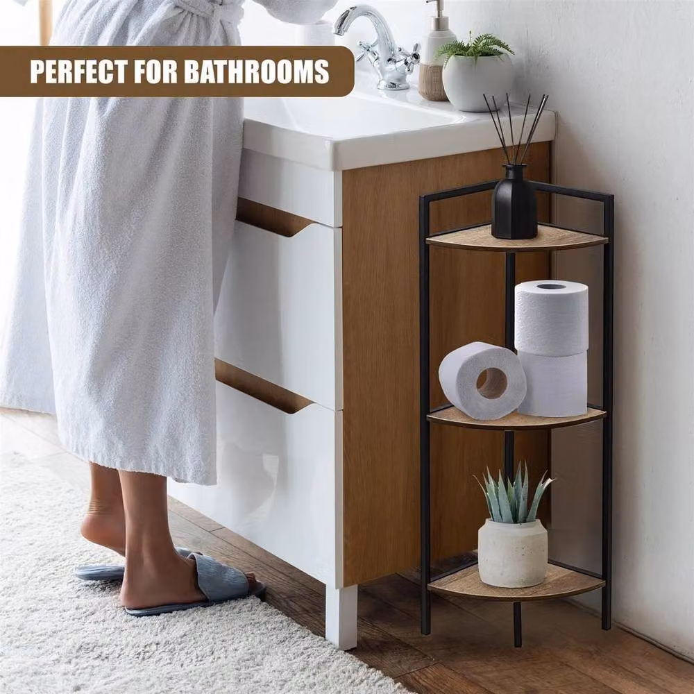 EONLION 3 Tier Freestanding Corner Shelf Unit in Brown and Black Wood and Metal – 4